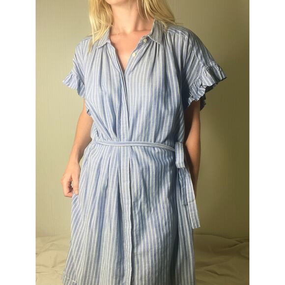 ISABELLA SINCLAIR Chambray Pinstripe Flutter Sleeve Mini Cotton Dress US LARGE - Picture 10 of 16